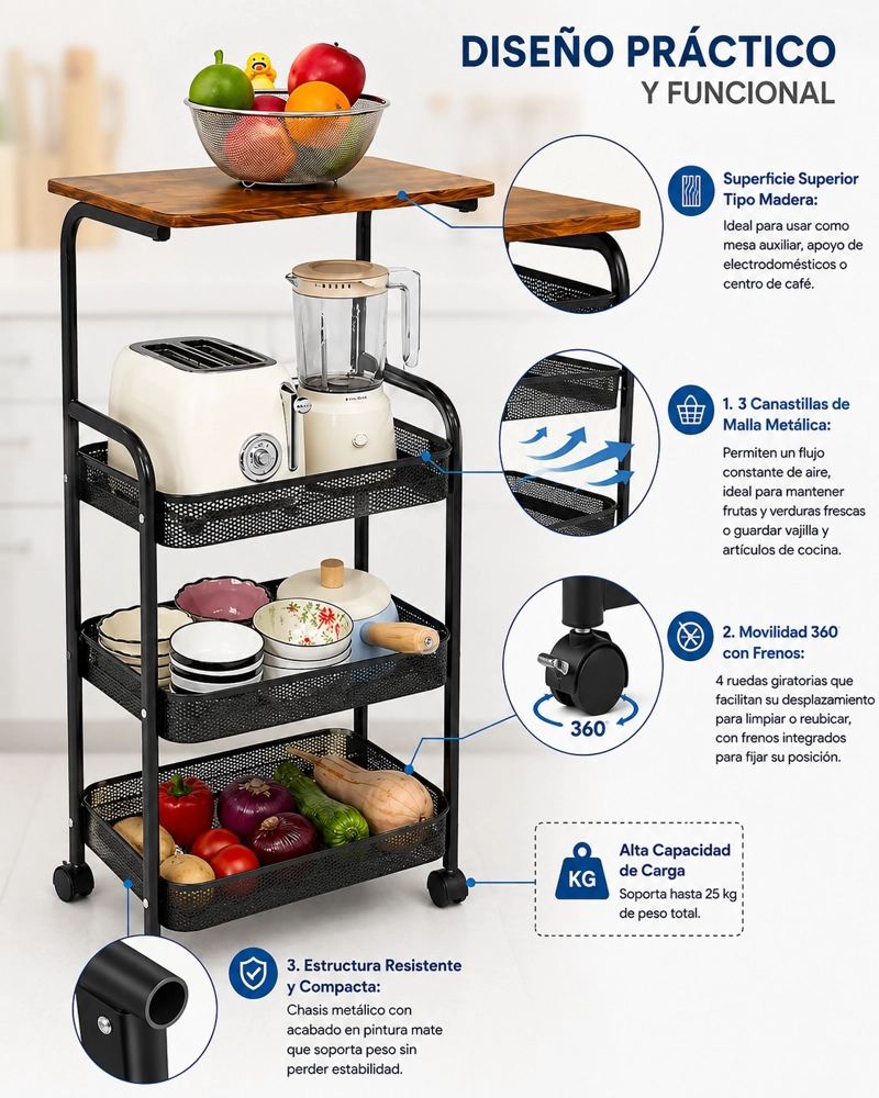 CARRITO AUXILIAR DE COCINA 4 NIVELES CON REPISA DE MADERA Y RUEDAS - 2