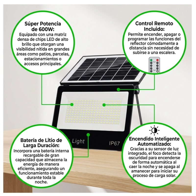 FOCO SOLAR LED EXTERIOR 600W CON CONTROL REMOTO IP67 - 2