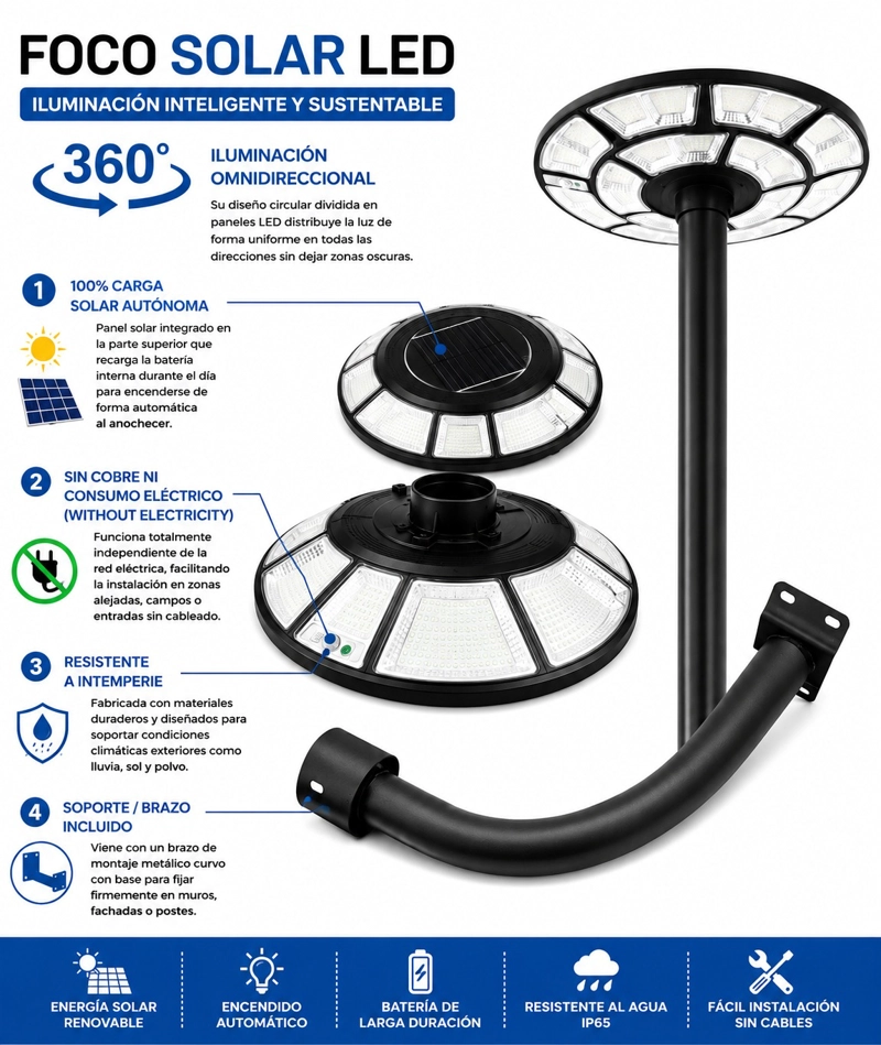FOCO LAMPARA SOLAR TIPO CUPULA + BRAZO DE SOPORTE + CONTROL REMOTO 1000W - 6