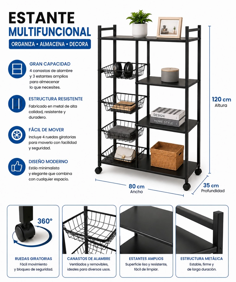 ESTANTE ORGANIZADOR MULTIUSO CON RUEDAS Y CANASTAS 120X32X80CM - 2