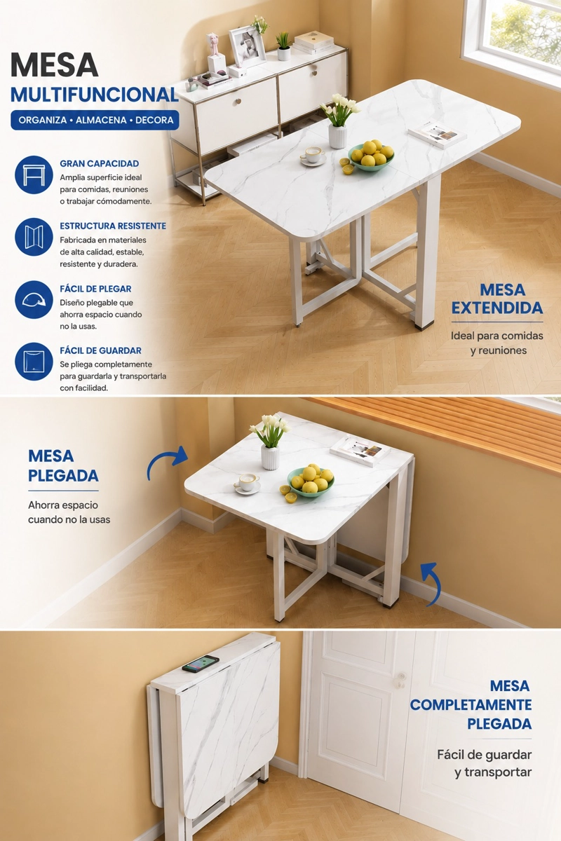 MESA DE COMEDOR PLEGABLE MULTIUSO EFECTO MARMOL 120X60X75CM - 2