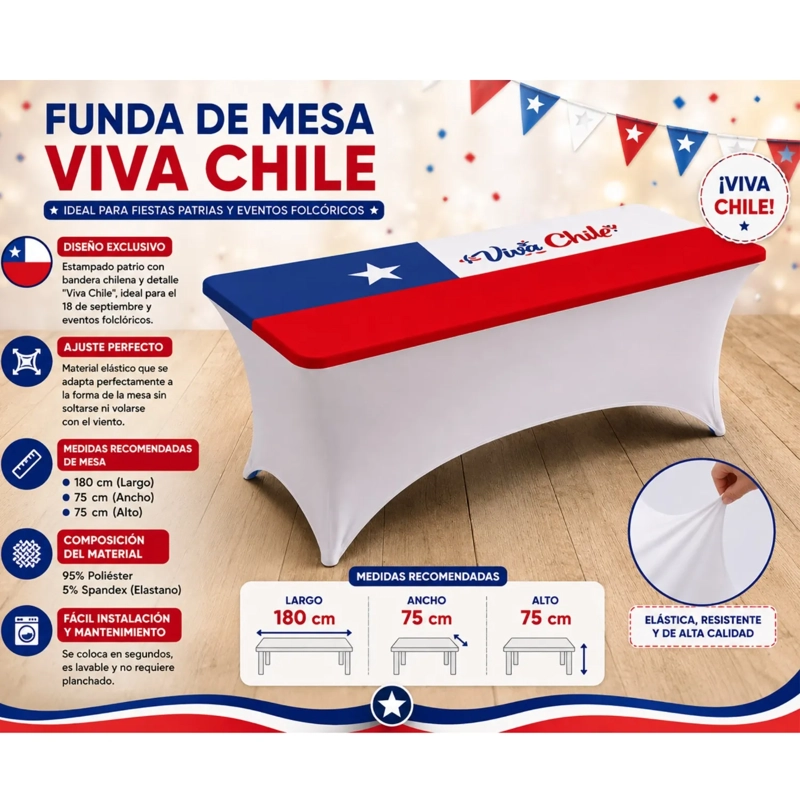 MANTEL FUNDA DE MESA ELASTICA DISEÑO BANDERA DE CHILE 180X75CM - 1