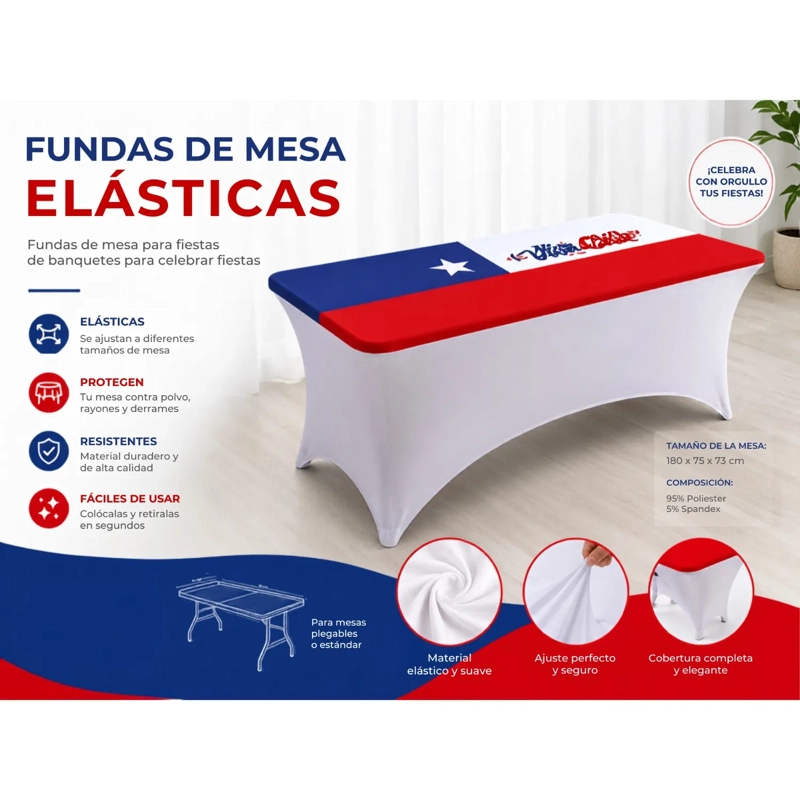 MANTEL FUNDA DE MESA ELASTICA DISEÑO BANDERA DE CHILE 180X75CM - 3