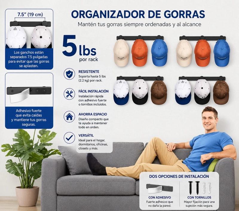 PERCHERO ORGANIZADOR DE PARED PARA GORRAS, JOCKEYS, MULTIUSO - 3
