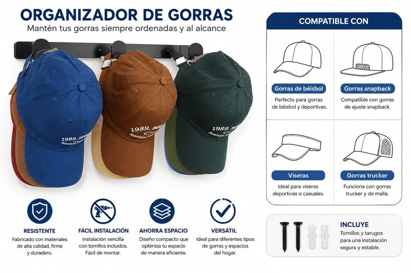 PERCHERO ORGANIZADOR DE PARED PARA GORRAS, JOCKEYS, MULTIUSO - 5