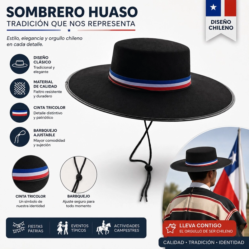 SOMBRERO HUASO CHILENO NEGRO TRICOLOR IDEAL FIESTAS PATRIAS - 2