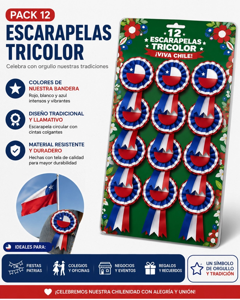 PACK X12 ESCARAPELAS CHILENAS FIESTAS PATRIAS TRICOLOR - 2