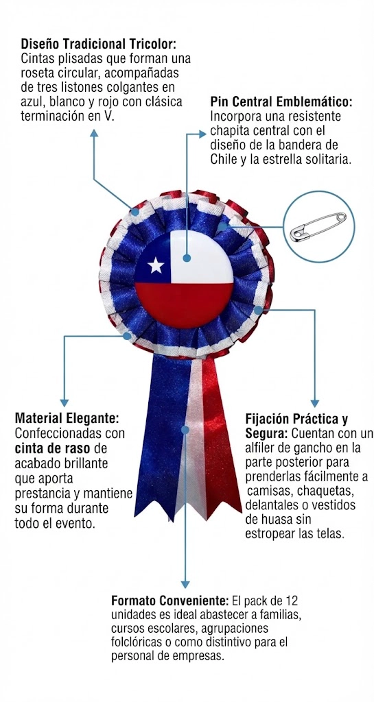 PACK X12 ESCARAPELAS CHILENAS FIESTAS PATRIAS TRICOLOR - 3