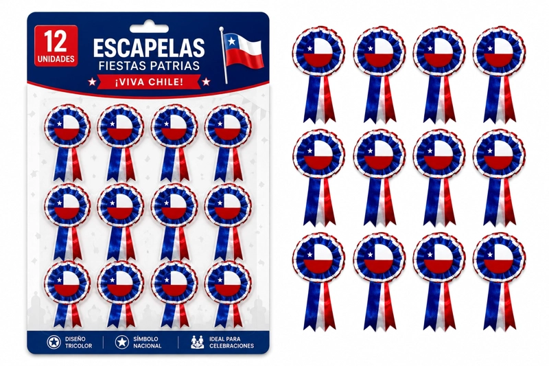 PACK X12 ESCARAPELAS CHILENAS FIESTAS PATRIAS TRICOLOR - 4