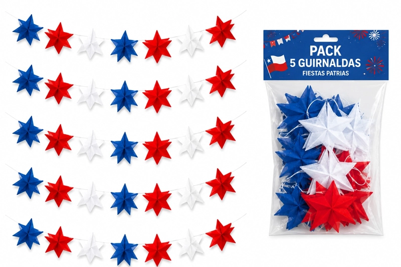 PACK X5 GUIRNALDAS DE ESTRELLAS TRICOLOR FIESTAS PATRIAS 2MT - 1