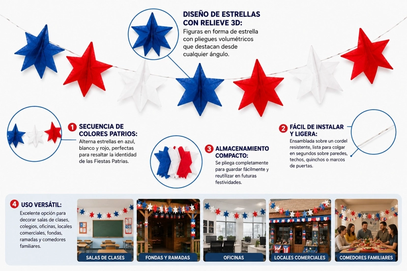 PACK X5 GUIRNALDAS DE ESTRELLAS TRICOLOR FIESTAS PATRIAS 2MT - 2