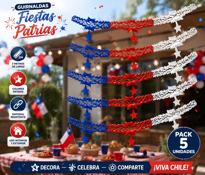 PACKX5 GUIRNALDAS FIESTAS PATRIAS TRICOLOR + ESTRELLAS 2.60M - 2