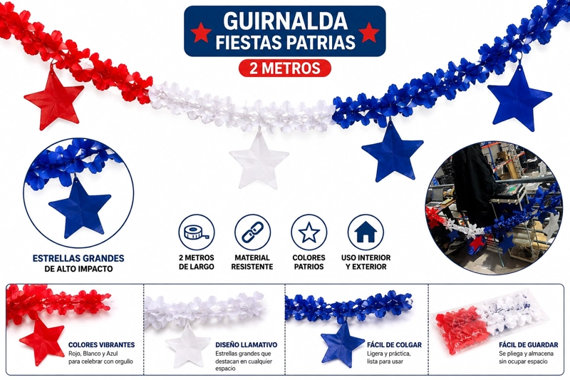 PACKX5 GUIRNALDAS FIESTAS PATRIAS TRICOLOR + ESTRELLAS 2.60M - 4