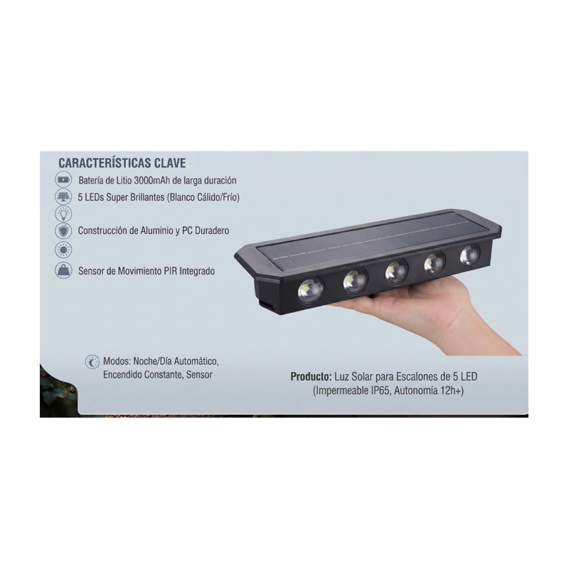 FOCO SOLAR LED DE 5 LEDS PARA ESCALONES Y MUROS - IP65 EXTERIOR - 2