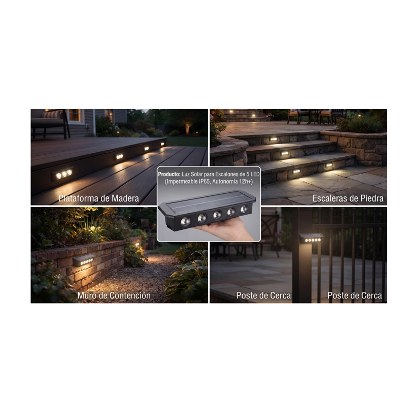 FOCO SOLAR LED DE 5 LEDS PARA ESCALONES Y MUROS - IP65 EXTERIOR - 6