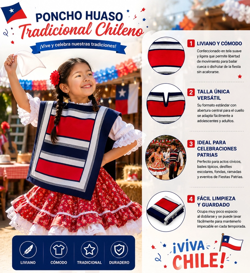 PONCHO DE HUASO CHILENO TRICOLOR FIESTAS PATRIAS 35X42CM - 3