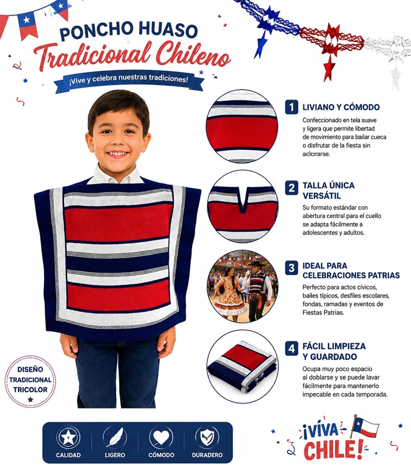 PONCHO DE HUASO CHILENO TRICOLOR FIESTAS PATRIAS 35X42CM - 4