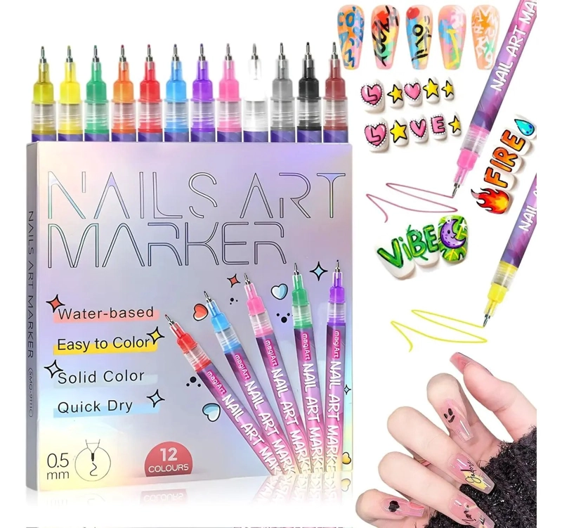 SET 12 MARCADORES LAPICES PARA UÑA NAIL ART PUNTA FINA 0.5MM - 1