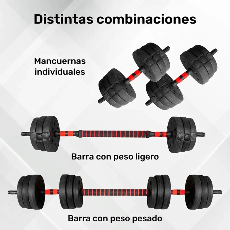 SET DE MANCUERNAS Y BARRA AJUSTABLE 2 EN 1 DE 10 KG CON EXTENSOR ACOLCHADO - 2