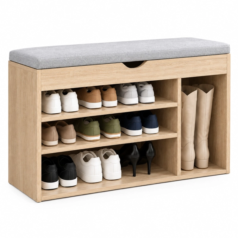 BANCO ZAPATERO ORGANIZADOR RECIBIDOR BEIGE CON CAJON Y ESPACIO PARA BOTAS - 1