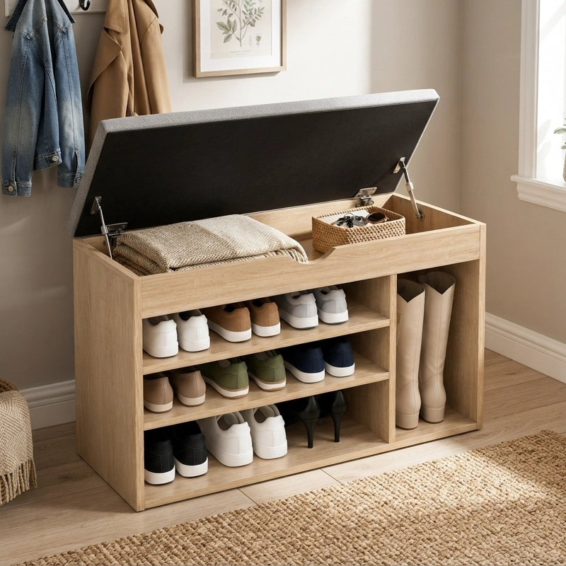 BANCO ZAPATERO ORGANIZADOR RECIBIDOR BEIGE CON CAJON Y ESPACIO PARA BOTAS - 2