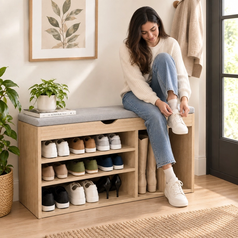 BANCO ZAPATERO ORGANIZADOR RECIBIDOR BEIGE CON CAJON Y ESPACIO PARA BOTAS - 3