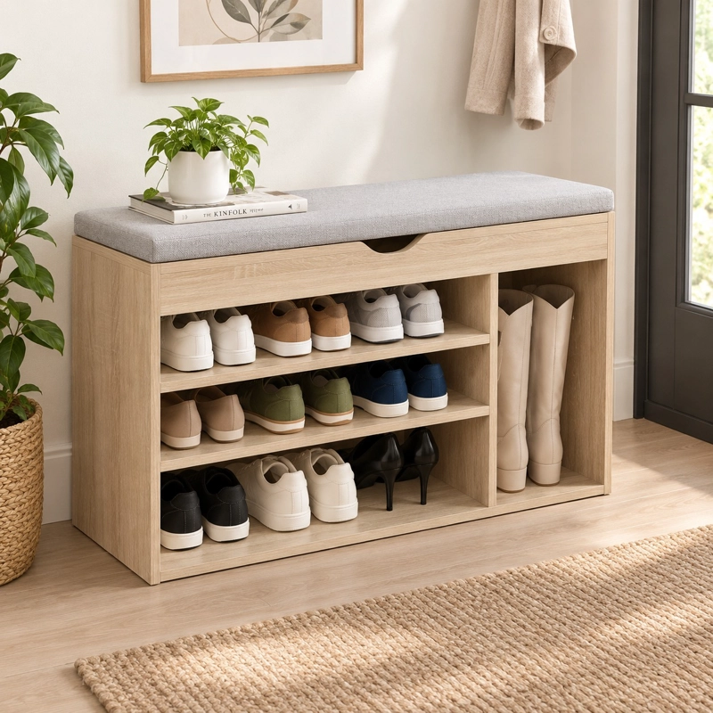 BANCO ZAPATERO ORGANIZADOR RECIBIDOR BEIGE CON CAJON Y ESPACIO PARA BOTAS - 5