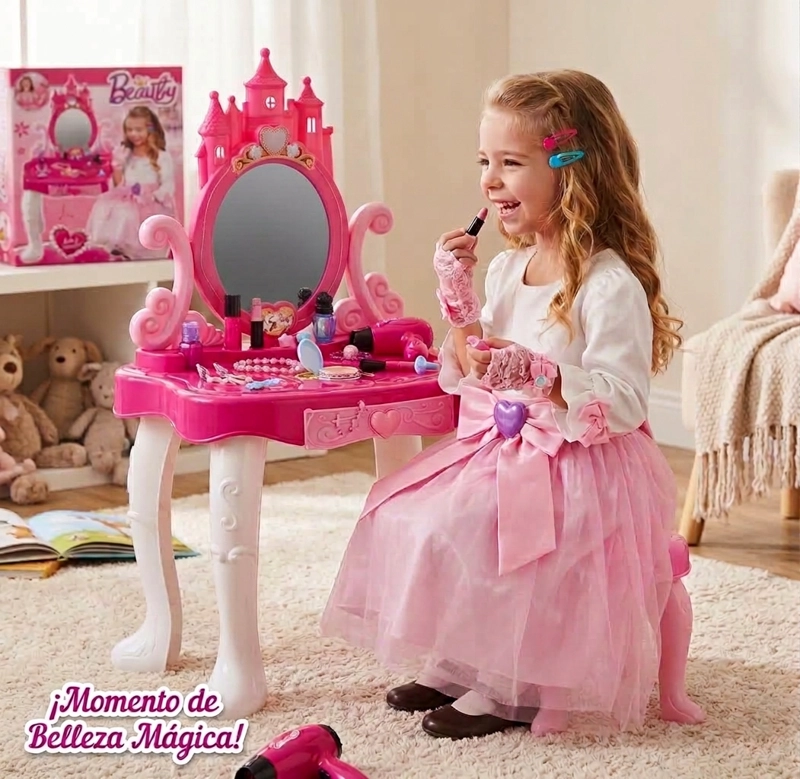 MESA DE BELLEZA CASTILLO PRINCESAS NIÑAS ESPEJO CON SILLA - 6
