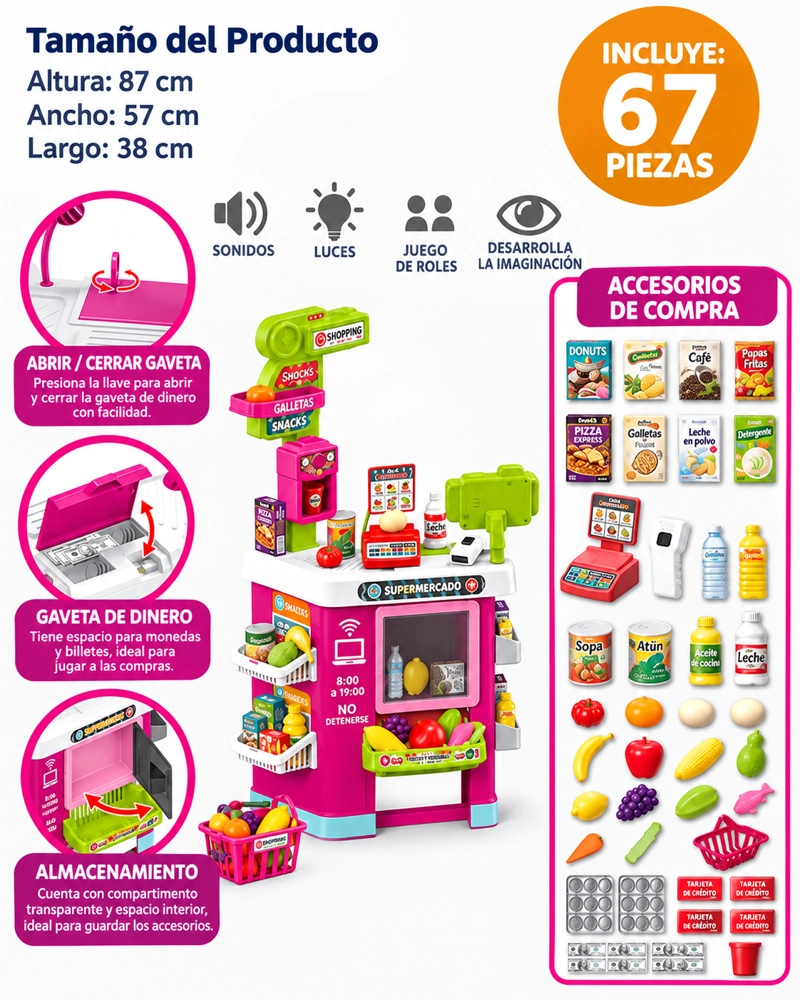 SET SUPERMERCADO INFANTIL INTERACTIVO 67 PIEZAS LUZ Y SONIDO - 6