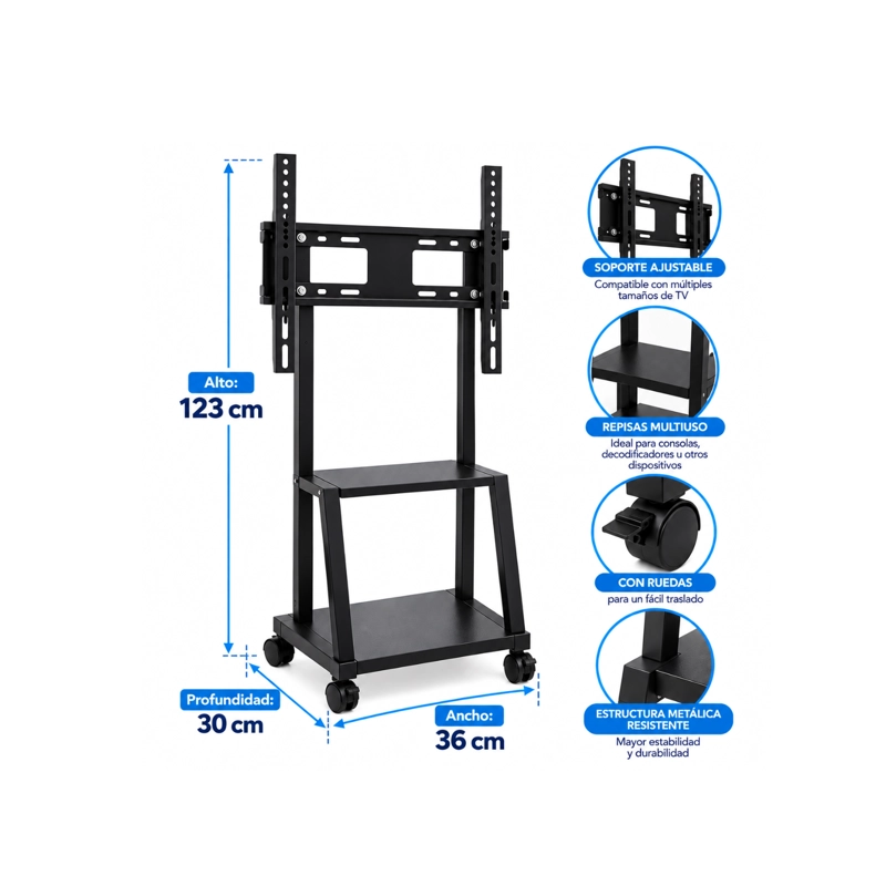 SOPORTE TV RACK MOVIL CON RUEDAS 32 A 75 PULGADAS NEGRO ML1700SSE - 3