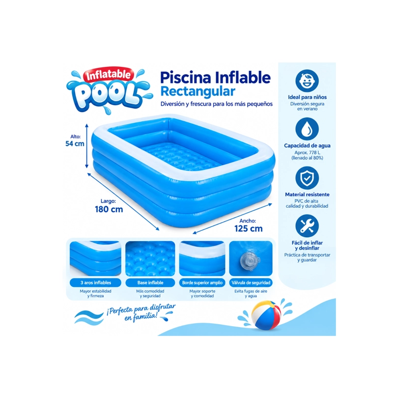 PISCINA INFLABLE NIÑOS FAMILIA POOL RECTANGULAR 180CM  AZUL - 3