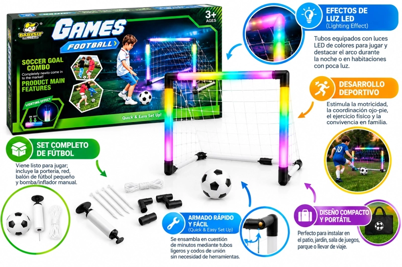 ARCO DE FUTBOL INFANTIL PORTABLE LUCES LED PELOTA E INFLADOR - 2