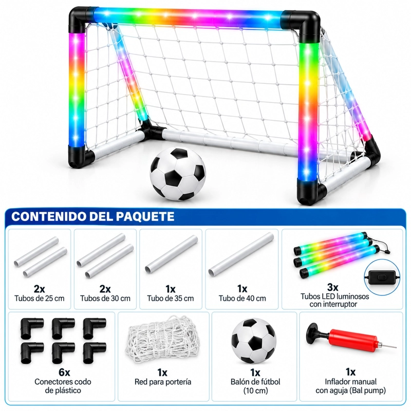 ARCO DE FUTBOL INFANTIL PORTABLE LUCES LED PELOTA E INFLADOR - 3