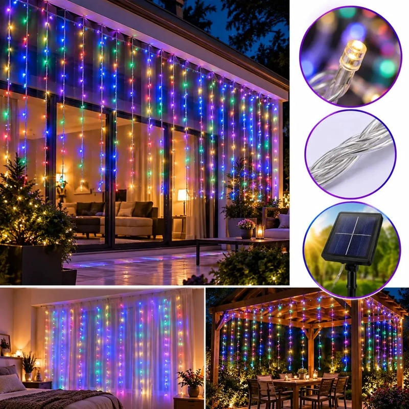 GUIRNALDA CORTINA DE LUCES LED SOLAR 3X2 METROS MULTICOLOR - 1