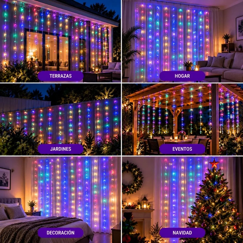 GUIRNALDA CORTINA DE LUCES LED SOLAR 3X2 METROS MULTICOLOR - 3