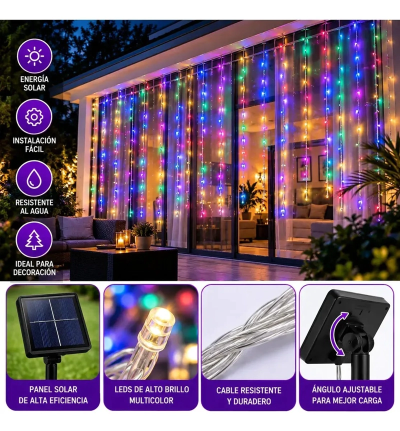 GUIRNALDA CORTINA DE LUCES LED SOLAR 3X2 METROS MULTICOLOR - 4