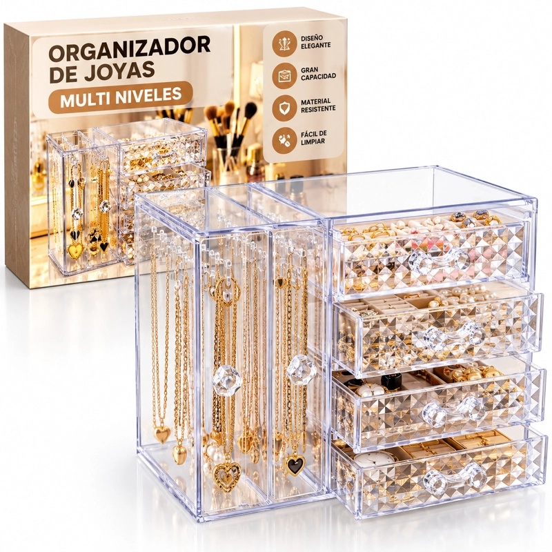 ORGANIZADOR DE JOYAS JOYERO ACRILICO 4 CAJONES 2 PANELES - 1