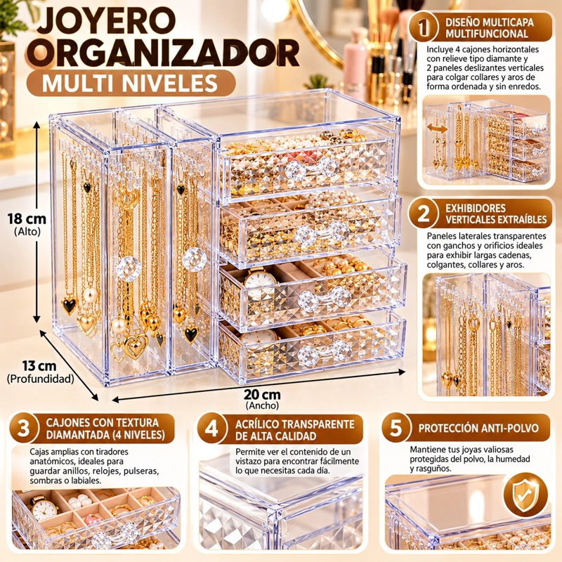 ORGANIZADOR DE JOYAS JOYERO ACRILICO 4 CAJONES 2 PANELES - 2