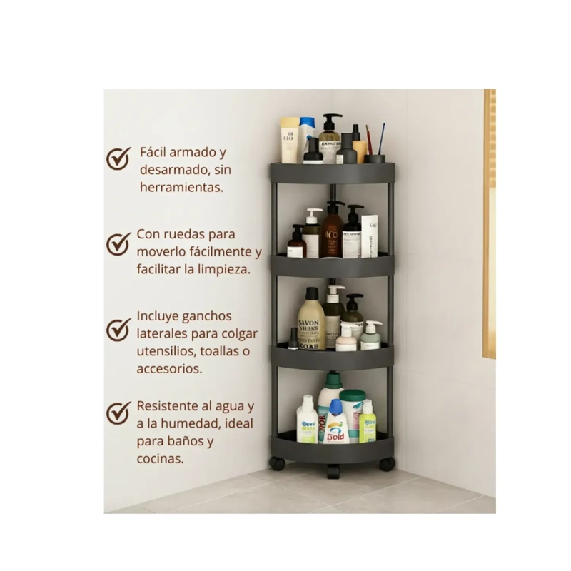 ORGANIZADOR DE BAÑO MULTIFUNCIONAL ESQUINERO 4 NIVELES CON RUEDAS - NEGRO (85X26X26 CM) - 3