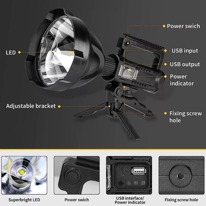 LINTERNA LED LARGO ALCANCE RECARGABLE USB TRÍPODE - 5