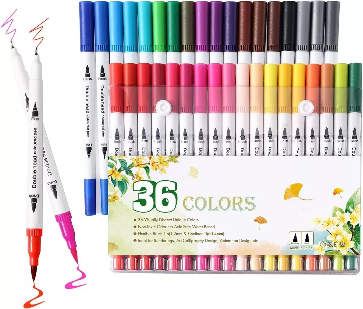 MARCADORES DE DOBLE PUNTA 36 TIPO PINCEL COLORES - 1