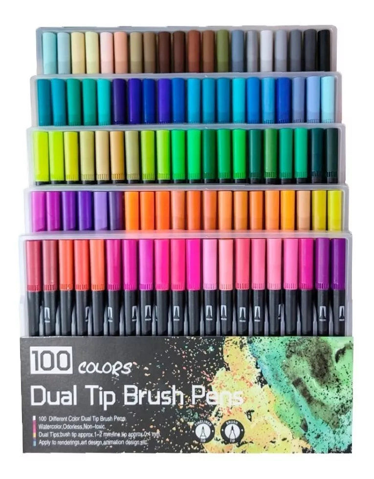 MARCADORES DE DOBLE PUNTA 100 TIPO PINCEL COLORES - 1