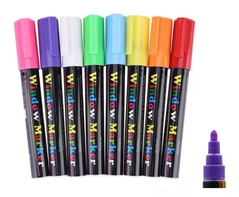 KIT 8 PLUMONES TIZA LIQUIDA PARA PIZARRA LED VIDRIO FLUOR - 1