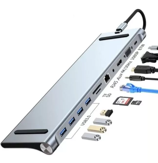 ADAPTADOR HUB 11 EN 1 USB TIPO C USB-C HDMI VGA USB LAN SD - 1