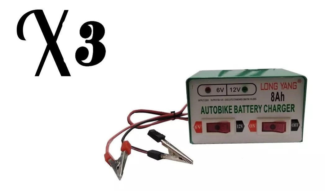 PACK X3 CARGADOR DE BATERIA PARA AUTOS Y MOTOS 12V/6V - 8AH - 2