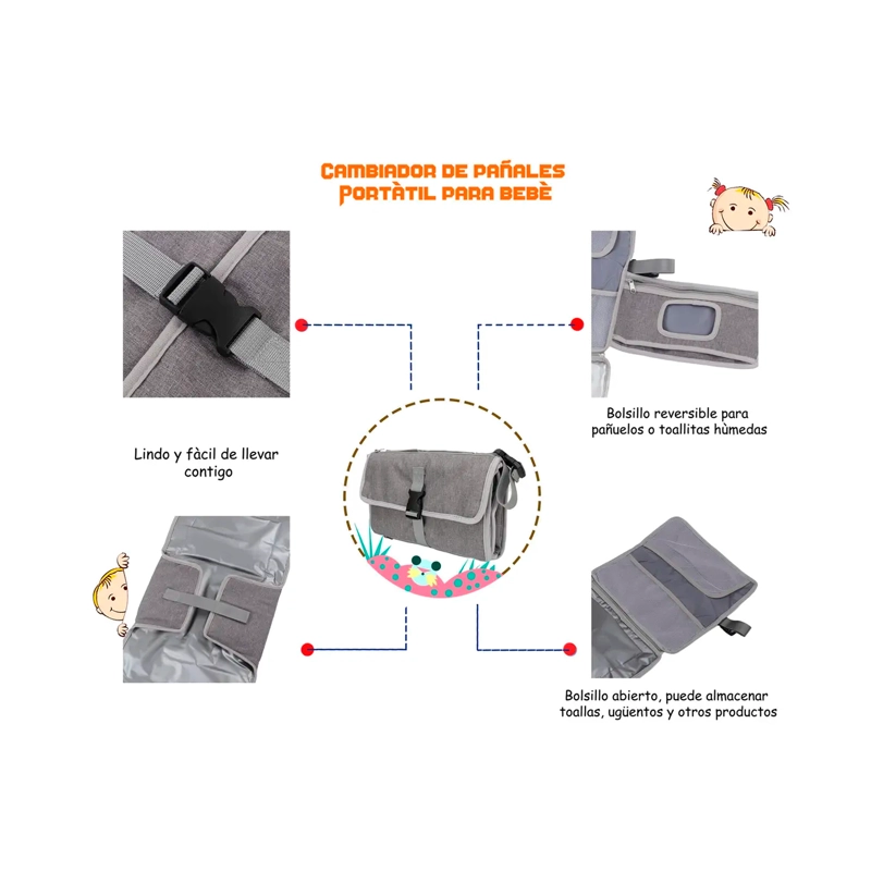 CAMBIADOR PAÑALES PORTATIL IMPERMEABLE BEBE  MUDADOR PLEGABLE - 2