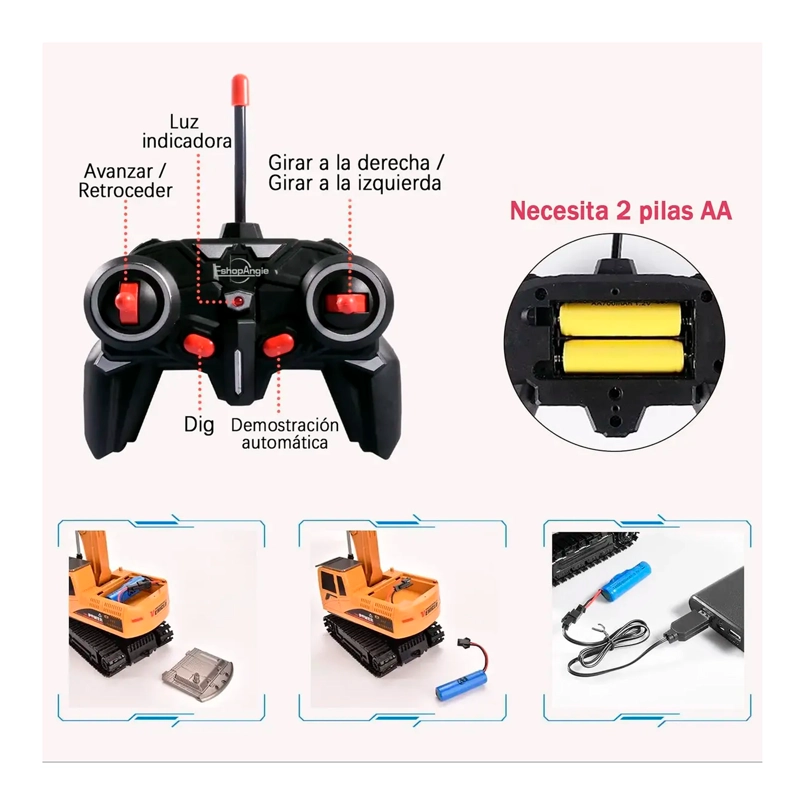 EXCAVADORA RC CONTROL REMOTO 1:24 JUGUETE RECARGABLE - 6