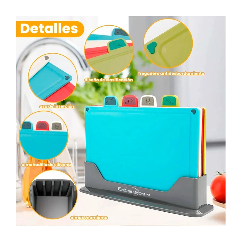 TABLAS PARA PICAR UTENSILIO COCINA CON BASE COLORES 4 PIEZAS LISO - 3
