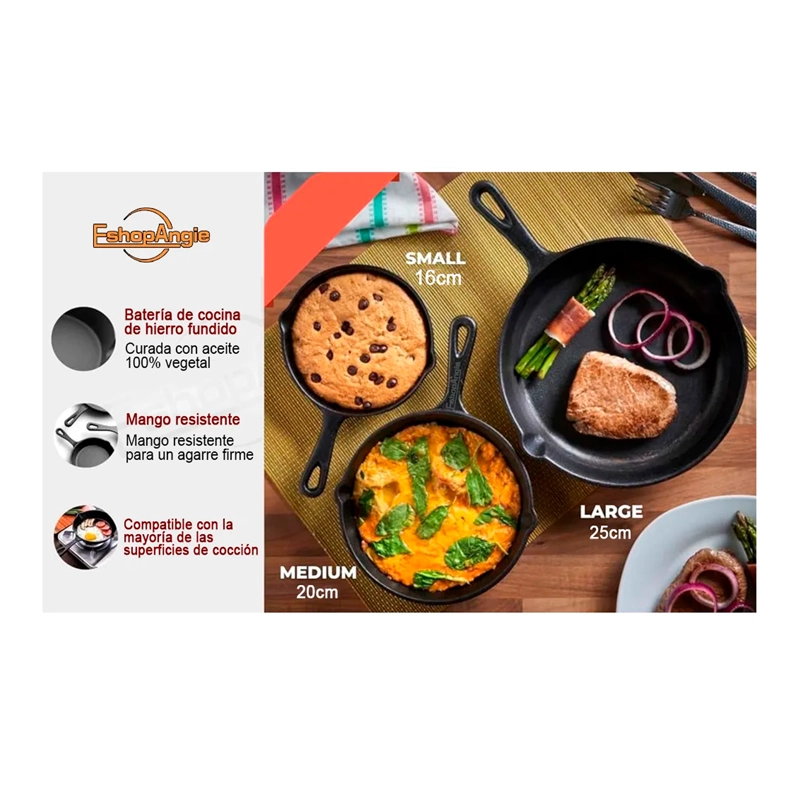 SET DE 3 SARTENES DE HIERRO FUNDIDO 16 20 Y 25CM COCINA - 2