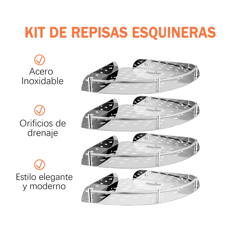 SET 4 ORGANIZADOR ESQUINERO DUCHA ACERO INOXIDABLE REPISA - 3